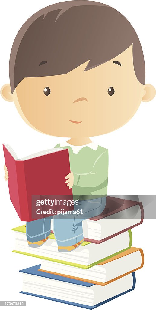 Cartoon Of A Boy Sitting On A Pile Of Books And Reading High-Res Vector  Graphic - Getty Images