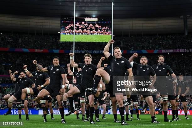 In this handout image provided by World Rugby, Sam Cane of New Zealand leads the Haka prior to kick-off ahead of the Rugby World Cup France 2023...