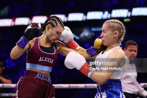 Astrid Wett punches Alexia during the Misfits Women's Lightweight title fight between Astrid Wett and Alexia at AO Arena on October 14, 2023 in...