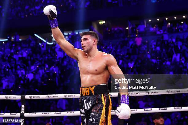 Tommy Fury celebrates victory during the Misfits Cruiserweight fight between KSI and Tommy Fury at AO Arena on October 14, 2023 in Manchester,...