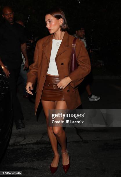 Hailey Bieber is seen at Funke for Kim Kardashian birthday party on October 20, 2023 in Los Angeles, California.