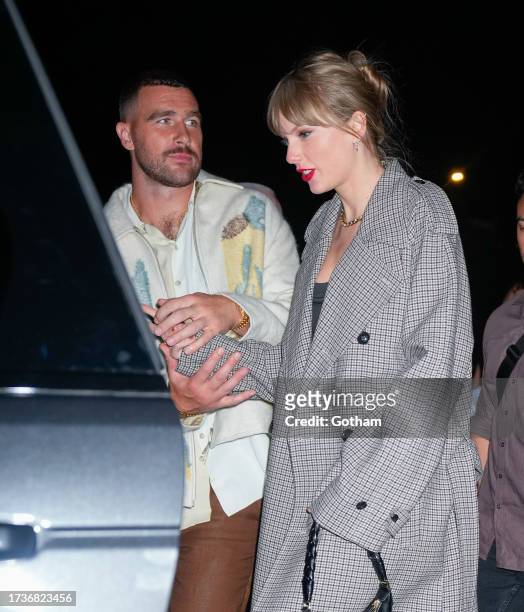 Travis Kelce and Taylor Swift depart the SNL Afterparty on October 15, 2023 in New York City.