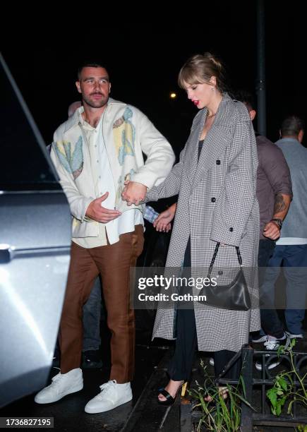 Travis Kelce and Taylor Swift depart the SNL Afterparty on October 15, 2023 in New York City.