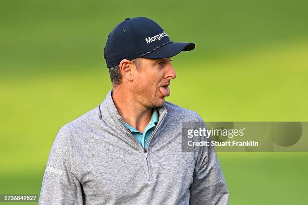 Justin Rose of England reacts on the first green on Day Four of the acciona Open de Espana presented by Madrid at Club de Campo Villa de Madrid on...