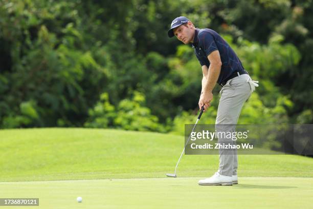 Lorenzo Scalise of Italy putts during Day Three of the Hainan Open at Danzhou Ancient Saltern Golf Club on October 15, 2023 in Hainan Island, China.