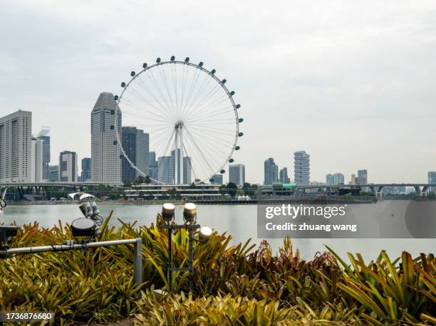 singapore flyer and city scenery - marina bay sands skypark stock pictures, royalty-free photos & images