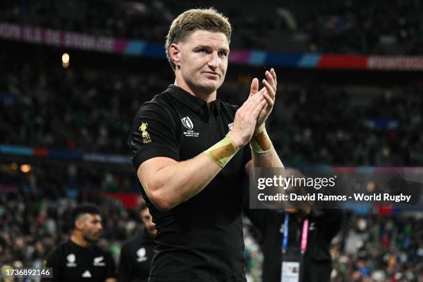 Jordie Barrett New Zealand celebrates after the Rugby World Cup France 2023 Quarter Final match between Ireland and New Zealand at Stade de France on...