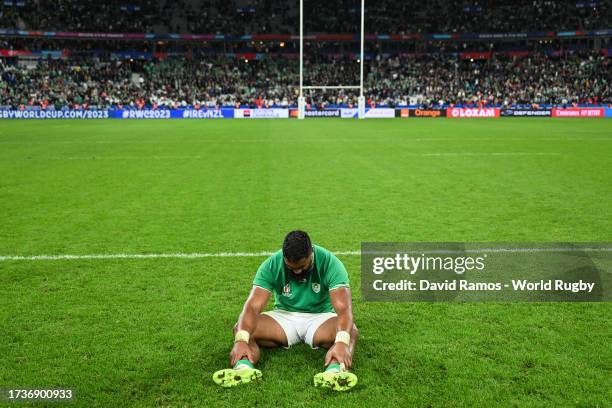 Bundee Aki of Ireland looks dejected at full-time after their team's loss in the Rugby World Cup France 2023 Quarter Final match between Ireland and...