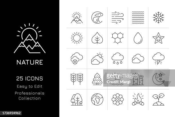 ilustrações, clipart, desenhos animados e ícones de conjunto de ícones da natureza. chuva, neve, ensolarado, nevasca, floresta, iluminação, colheita, meio ambiente - harvest icon
