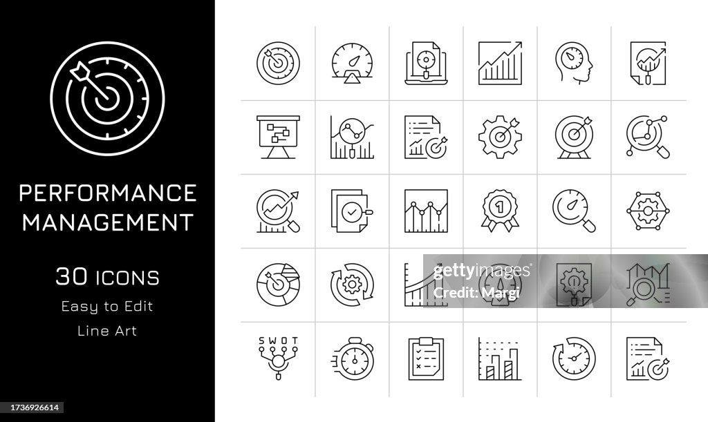 Conjunto de ícones do gerenciamento de desempenho. Análise SWOT, KPI, Gráfico, Análise, Eficiência, Desempenho, Business Target