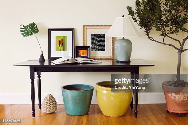 home interior living room side table decorating arrangement with pots - side table stock pictures, royalty-free photos & images