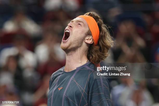 Andrey Rublev of Russia reacts in the Men's Singles final match against Hubert Hurkacz of Poland on Day 14 of the 2023 Shanghai Rolex Masters at Qi...