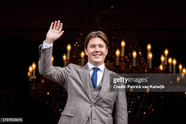 Prince Christian of Denmark on the balcony of Amalienborg Palace to celebrate his 18th birthday on October 15, 2023 in Copenhagen, Denmark.