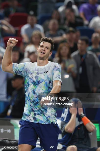 Hubert Hurkacz of Poland celebrates after defeating Andrey Rublev of Russia during the Men's singles final match on Day 14 of the 2023 Shanghai Rolex...