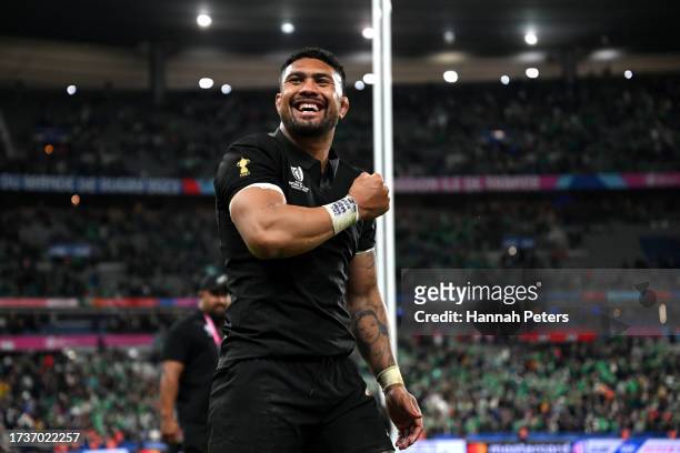 Ardie Savea of New Zealand celebrates victory at full-time following the Rugby World Cup France 2023 Quarter Final match between Ireland and New...