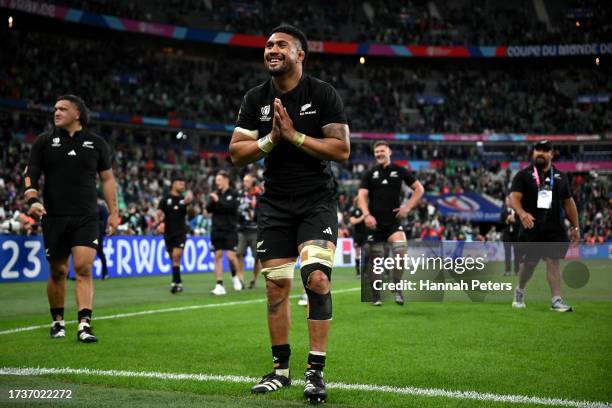 Ardie Savea of New Zealand celebrates victory at full-time following the Rugby World Cup France 2023 Quarter Final match between Ireland and New...