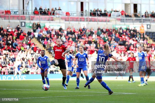 Aileen Whelan of Leicester City scores the team's first goal during the Barclays Women's Super League match between Manchester United and Leicester...