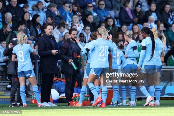 Gareth Taylor, Manager of Manchester City, looks on in a drinks break during the Barclays Women's Super League match between Manchester City and...