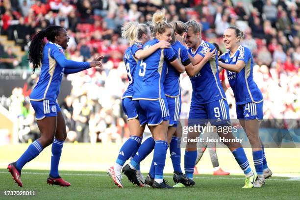 Aileen Whelan of Leicester City celebrates with teammates after scoring the team's first goal during the Barclays Women's Super League match between...