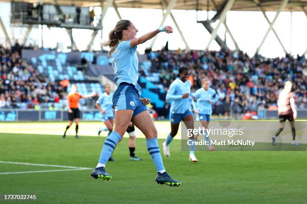 Laia Aleixandri of Manchester City celebrates after scoring the team's second goal during the Barclays Women's Super League match between Manchester...