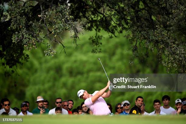 Daniel Van Tonder of South Africa plays his second shot on the 12th hole on Day Four of the acciona Open de Espana presented by Madrid at Club de...