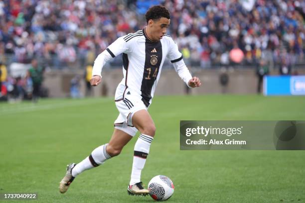 Jamal Musiala of Germany controls the ball during the international friendly match between Germany and United States at Pratt & Whitney Stadium on...