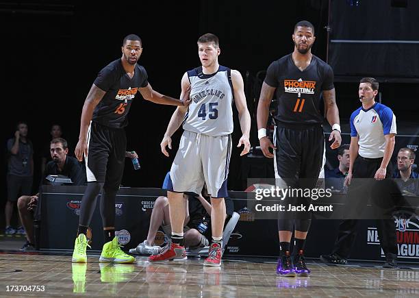 Marcus Morris of the Phoenix Suns guards Jack Cooley of the Memphis Grizzlies during the NBA Summer League game between the Memphis Grizzlies and the...