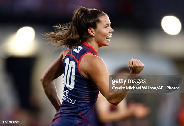 Kate Hore of the Demons celebrates a goal during the 2023 AFLW Round 08 match between Narrm and The North Melbourne Tasmanian Kangaroos at IKON Park...