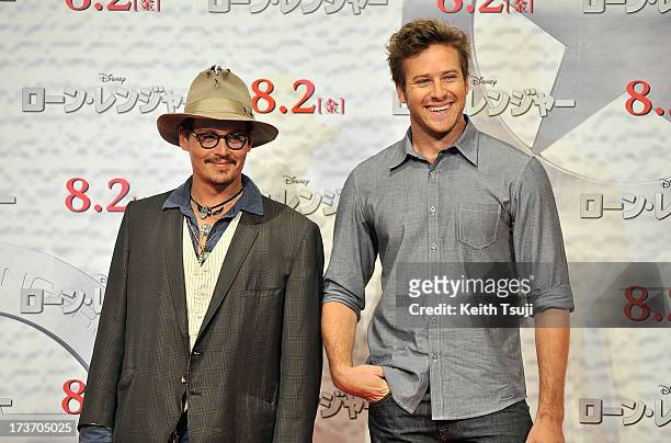 Johnny Depp and Armie Hammer attend the "Lone Ranger" photo call at Park Hyatt Tokyo on July 17, 2013 in Tokyo, Japan. The film will open on August 2...