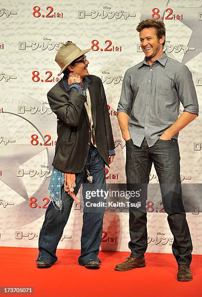 Johnny Depp and Armie Hammer attend the "Lone Ranger" photo call at Park Hyatt Tokyo on July 17, 2013 in Tokyo, Japan. The film will open on August 2...