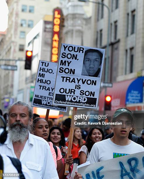 Demonstrators march in the streets of Downtown Los Angeles against the acquittal of George Zimmerman in the shooting death of Florida teen Trayvon...