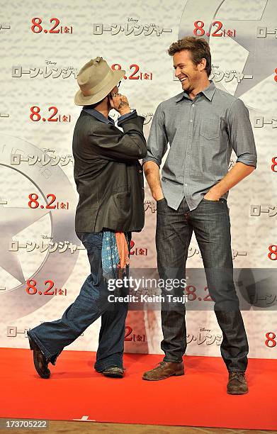 Johnny Depp and Armie Hammer attend the "Lone Ranger" photo call at Park Hyatt Tokyo on July 17, 2013 in Tokyo, Japan. The film will open on August 2...