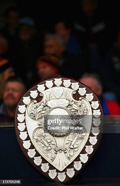 The Ranfurly Shield is pictured during the Ranfurly Shield match between Waikato and Horowhenua-Kapiti at the Morrinsville Domain on July 17, 2013 in...