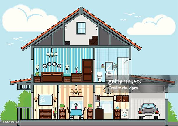 cutaway-of-house - explosionszeichnung stock-grafiken, -clipart, -cartoons und -symbole