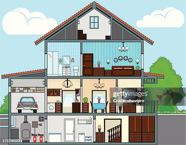 cutaway-of-house - explosionszeichnung stock-grafiken, -clipart, -cartoons und -symbole