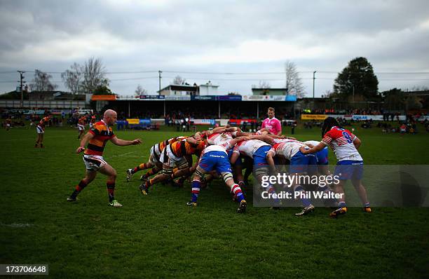 Players contest a scrum during the Ranfurly Shield match between Waikato and Horowhenua-Kapiti at the Morrinsville Domain on July 17, 2013 in...