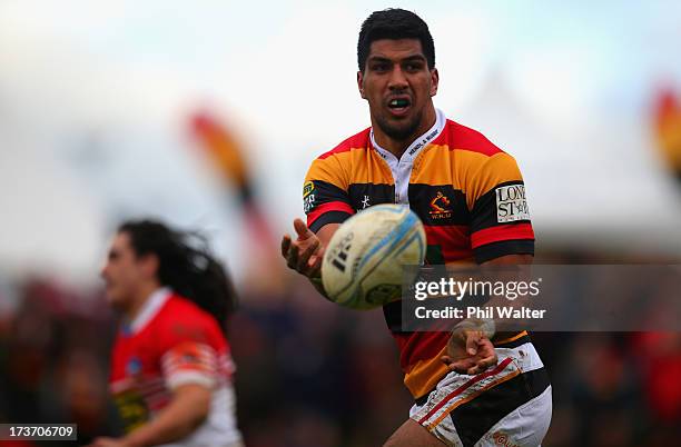 Dylan Collier of Waikato passes the ball during the Ranfurly Shield match between Waikato and Horowhenua-Kapiti at the Morrinsville Domain on July...