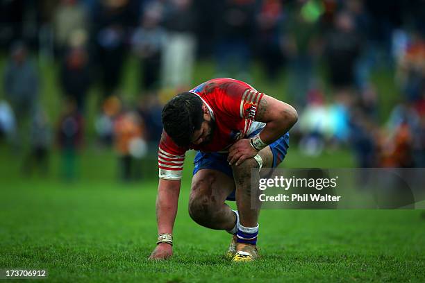 Aaron Kearney of Horowhenua-Kapiti shows his dejection during the Ranfurly Shield match between Waikato and Horowhenua-Kapiti at the Morrinsville...