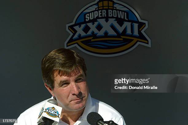 Head Coach Bill Callahan of the Oakland Raiders fields questions from the press during Media Day on January 21, 2003 at Qualcomm Stadium in San...