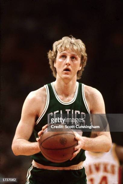 Larry Bird of the Boston Celtics shoots a free throw during the NBA game against the Atlanta Hawks on January 1, 1980 in Atlanta, Georgia. NOTE TO...