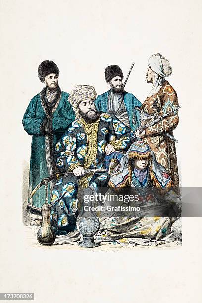 asian people with traditional clothing from 19th century - bukhara uzbekistan stock illustrations