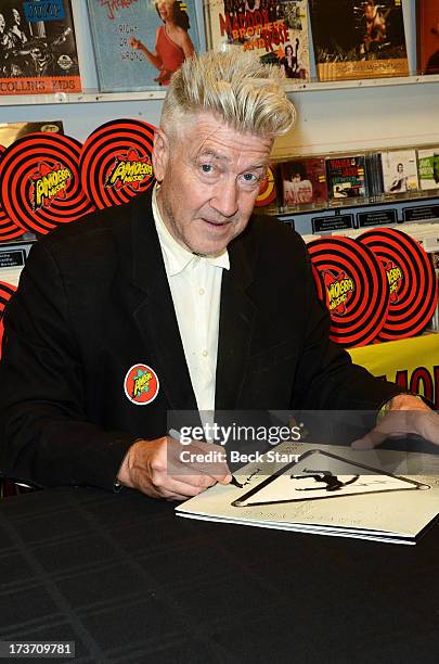 Director/musician David Lynch signs copies of his new album "The Big Dream" at Amoeba Music on July 16, 2013 in Hollywood, California.