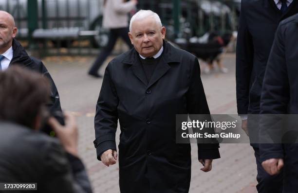 Jaroslaw Kaczynski, leader of the ruling national conservative Law and Justice party , arrives to cast his vote in Polish parliamentary elections on...