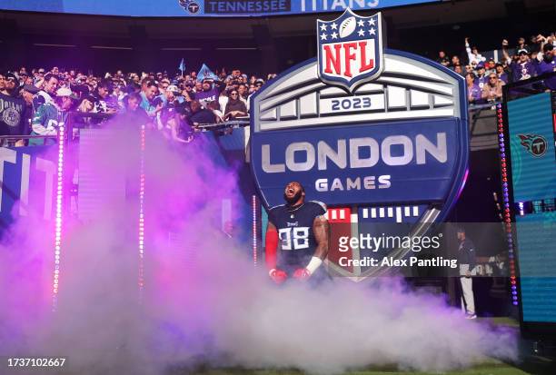 Jeffery Simmons of the Tennessee Titans enters the field prior to the 2023 NFL London Games match between Baltimore Ravens and Tennessee Titans at...