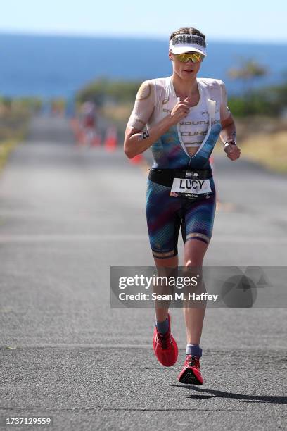 Lucy Charles-Barclay of Great Britain competes in the run portion of the VinFast IRONMAN World Championship on October 14, 2023 in Kailua Kona,...