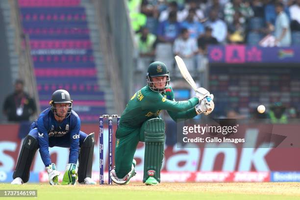 Rassie van der Dussen of South Africa plays a shot during the ICC Men's Cricket World Cup 2023 match between England and South Africa at Wankhede...