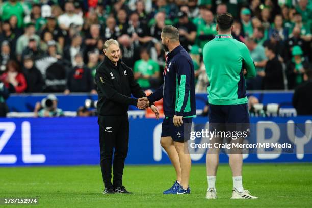 Ireland Head Coach Andy Farrell shakes hands with New Zealand Assistant Coach Joe Schmidt after the Rugby World Cup France 2023 Quarter Final match...