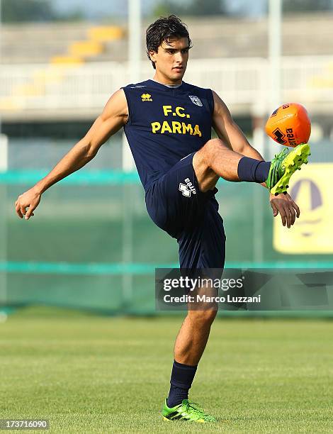 Alvaro Ampuero of Parma FC controls the ball during FC Parma Training Session at the club's training ground on July 17, 2013 in Collecchio, Italy.