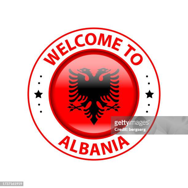 vector stamp. welcome to albania. glossy icon with national flag - certificate border stock illustrations