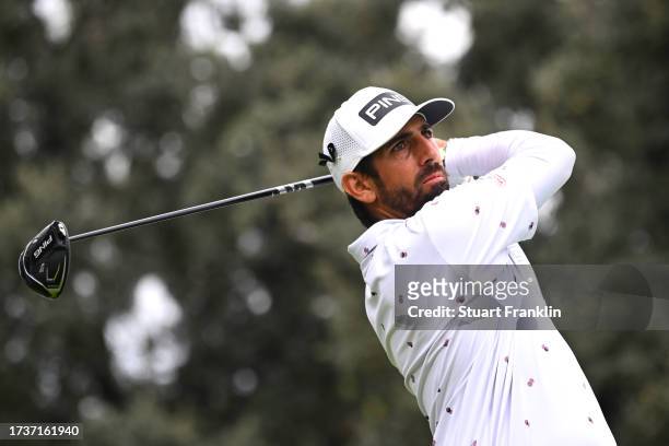 Matthieu Pavon of France tees off on the 12th hole on Day Four of the acciona Open de Espana presented by Madrid at Club de Campo Villa de Madrid on...